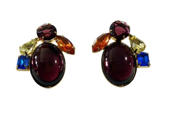 vintage schreiner style rhinestones amethyst sapphire and citrine glass clip on earrings 7776