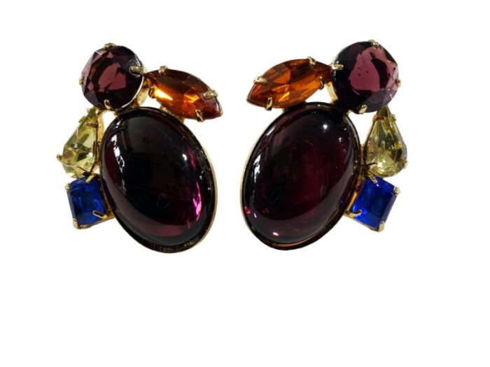 vintage schreiner style rhinestones amethyst sapphire and citrine glass clip on earrings 8595