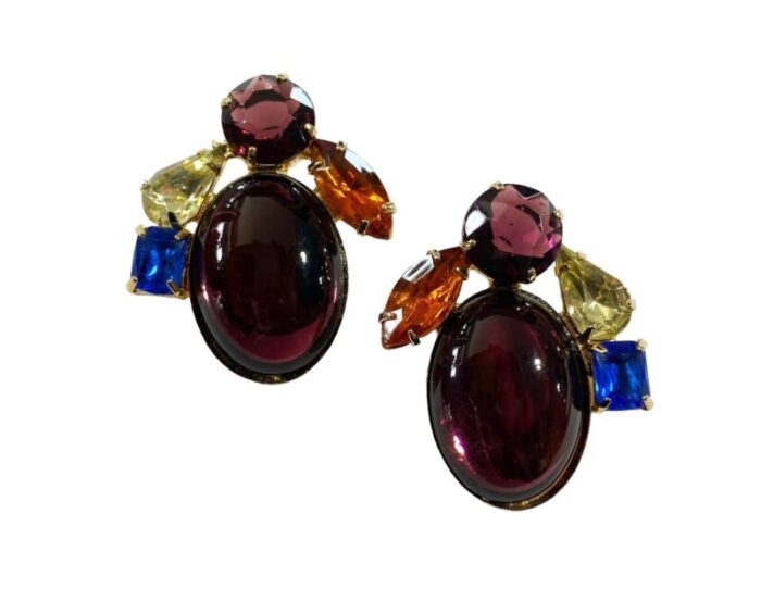 vintage schreiner style rhinestones amethyst sapphire and citrine glass clip on earrings 8973