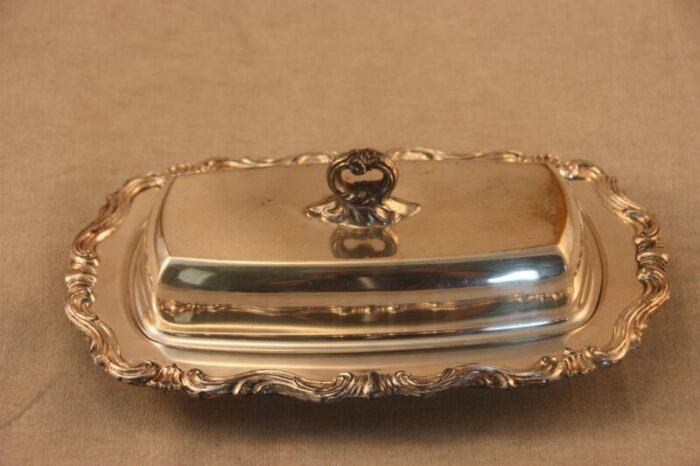 vintage silver plate butter dish with glass plate 0296