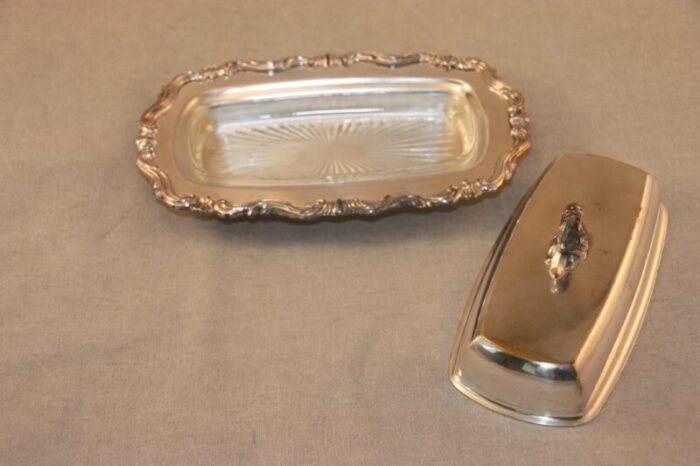 vintage silver plate butter dish with glass plate 7561