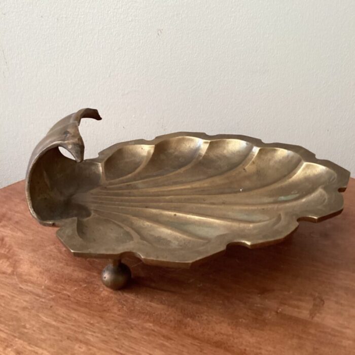 vintage solid brass footed decorative clamshell dish 6416