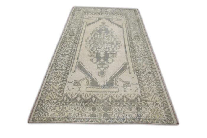 vintage turkish hand knotted wool rug gray and beige geometric rug 45 x 710 6250