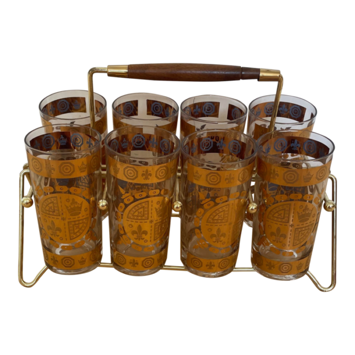 vintage vito bari drinking glasses with caddy set of 8 tumblers mcm barware 22kt 3300