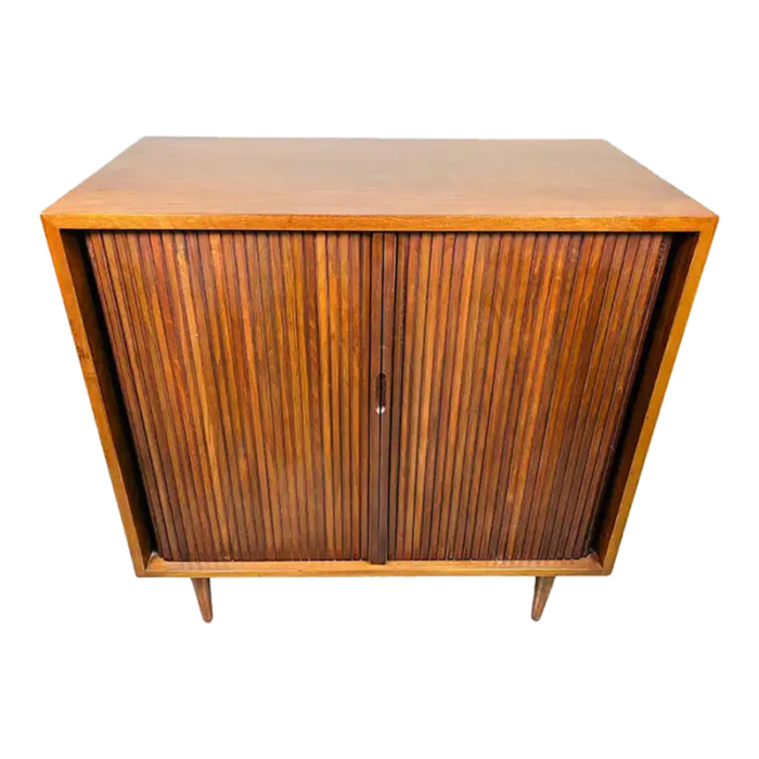 vintage walnut tambour low cabinet by greta grossman for glenn of california 7193