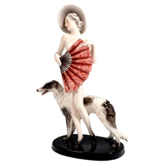 vintage woman with fan figurine by lorenzl for hat barzoi 1930s 1