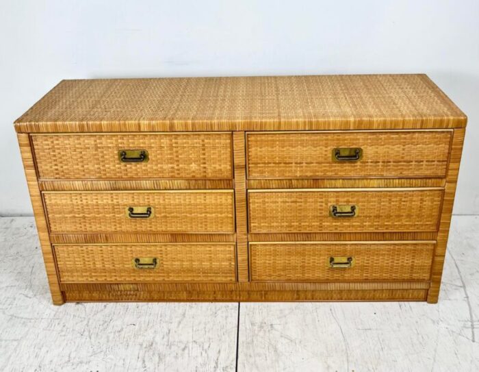 vintage woven cane wrapped campaign style dresser 3885