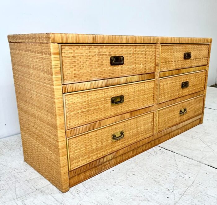 vintage woven cane wrapped campaign style dresser 6813