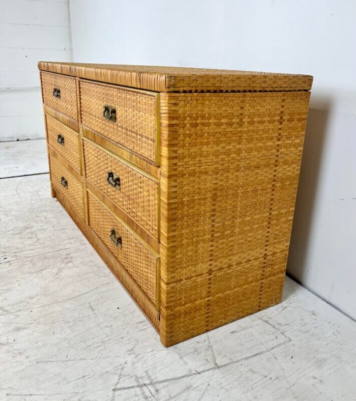 vintage woven cane wrapped campaign style dresser 7610