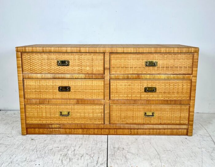 vintage woven cane wrapped campaign style dresser 9016