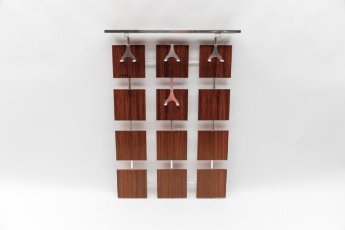 wall coat rack in walnut with chrome hooks 1960s 2