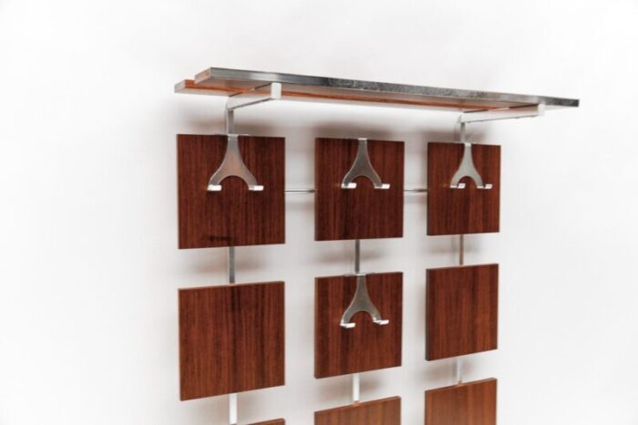 wall coat rack in walnut with chrome hooks 1960s 4