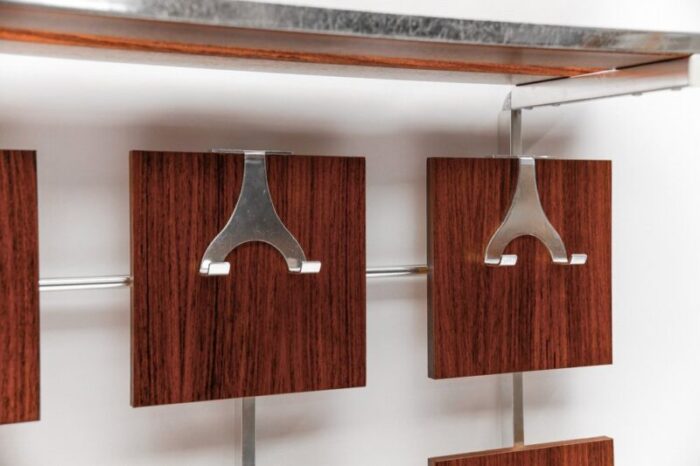 wall coat rack in walnut with chrome hooks 1960s 6